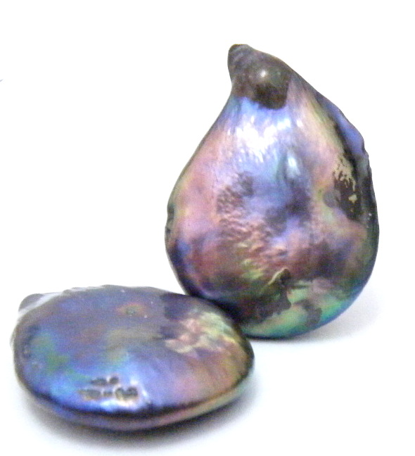 Black Disc Pair of Drop Lumps of Nacre